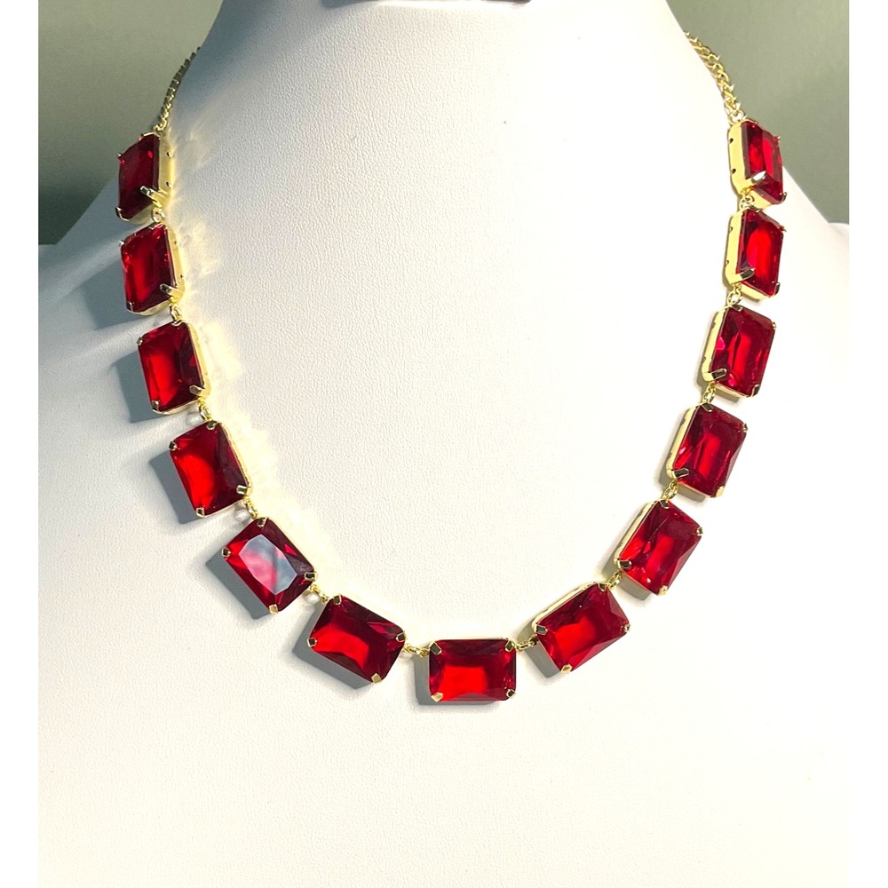 "RAVISHING RUBY" KIRKS FOLLY EMERALD CUT RUBY RED CRYSTAL NECKLACE 18" 3"extend
